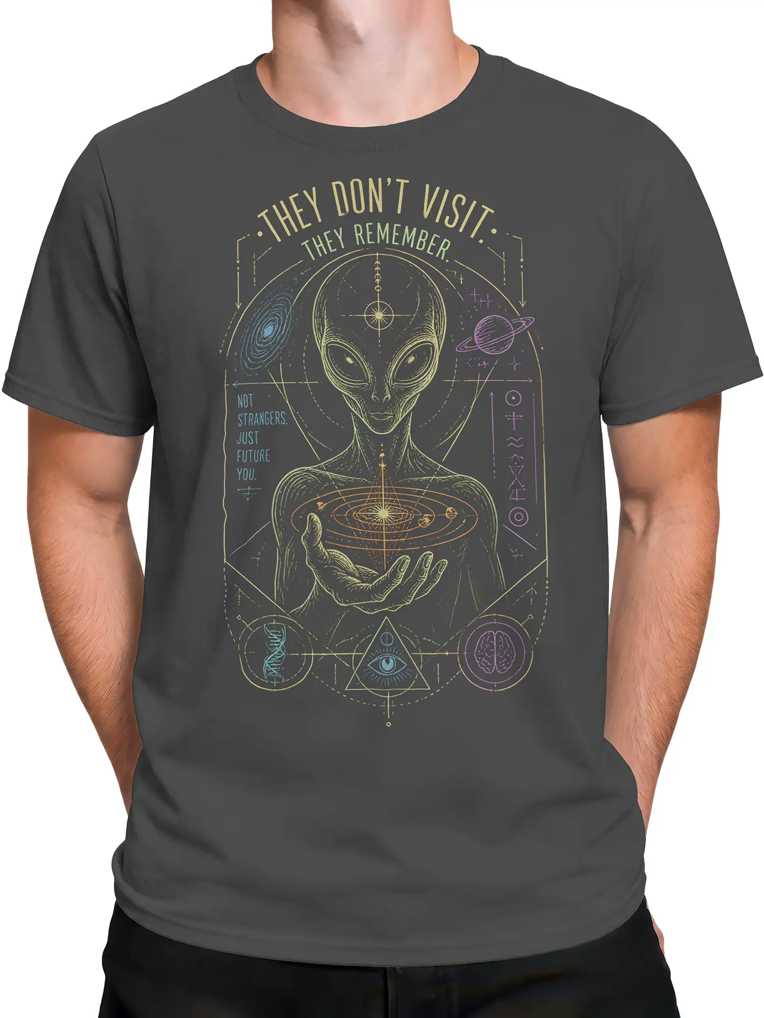 Male torso wearing a gray alien T-shirt with a cosmic planetary system graphic