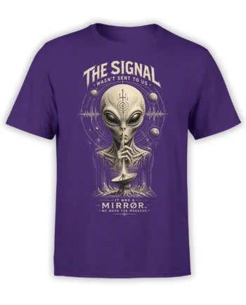 Purple alien T-shirt with a gray extraterrestrial, planets, orbital rings, waveform, and satellite dish