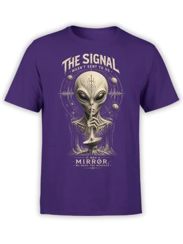 Purple alien T-shirt with a gray extraterrestrial, planets, orbital rings, waveform, and satellite dish