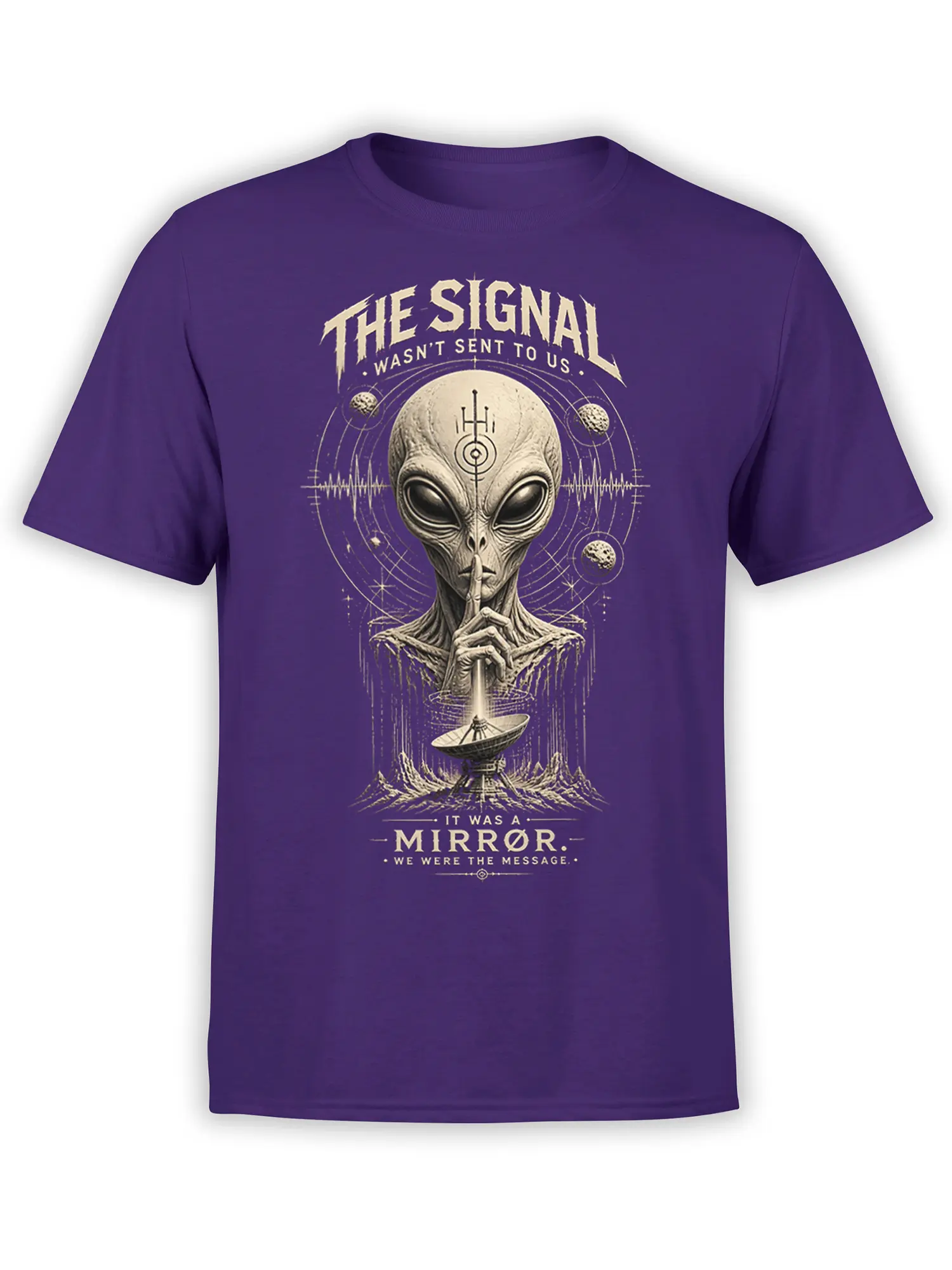 Purple alien T-shirt with a gray extraterrestrial, planets, orbital rings, waveform, and satellite dish