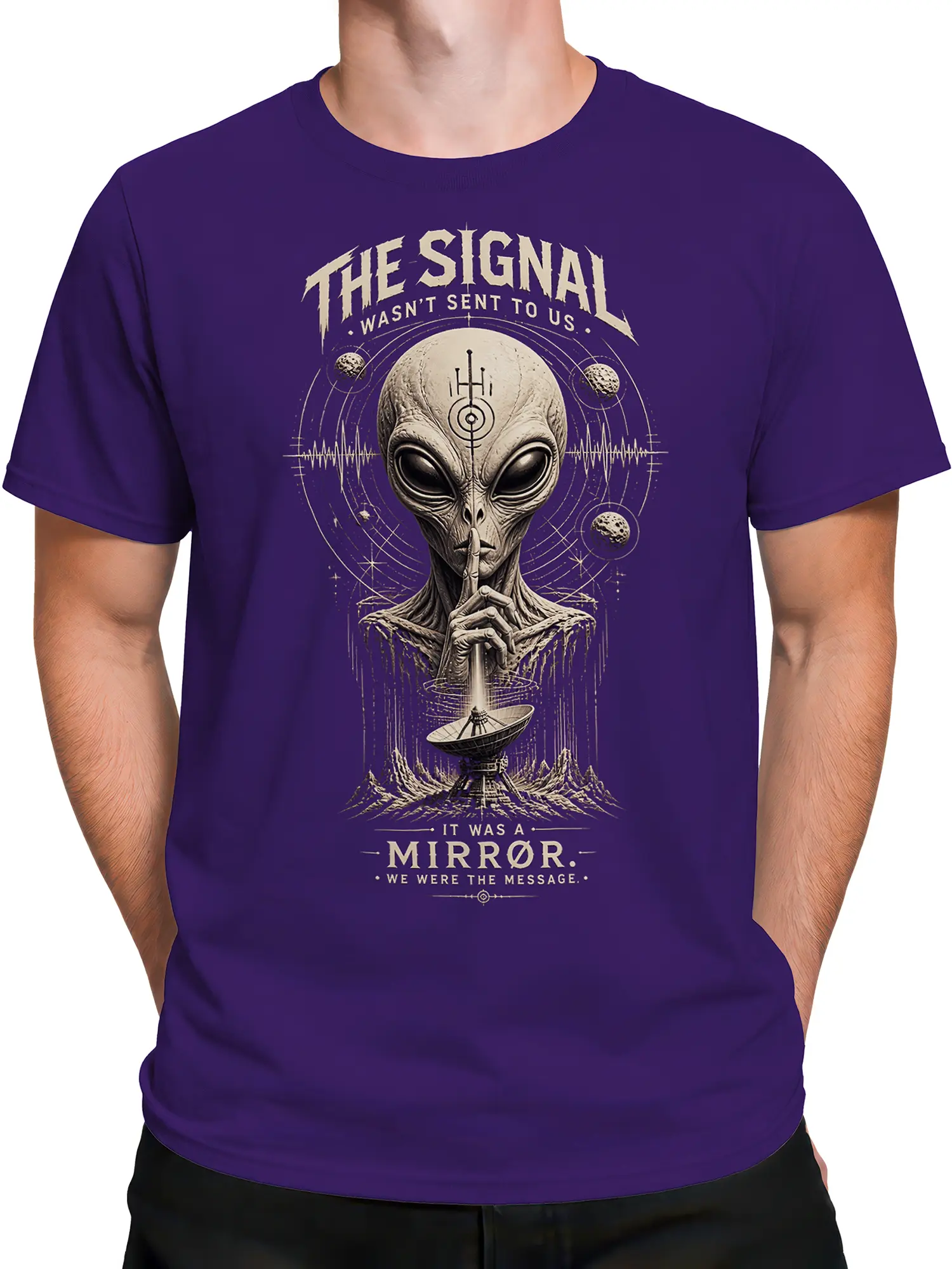 Male torso wearing a purple alien T-shirt with vintage space artwork and orbital details