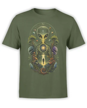 Green alien t-shirt with cosmic forest artwork, planets, crystals, mushrooms, and a glowing human silhouette