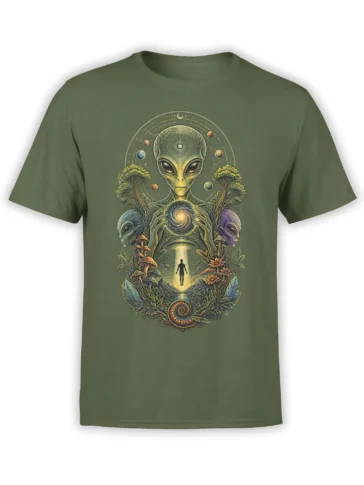 Green alien t-shirt with cosmic forest artwork, planets, crystals, mushrooms, and a glowing human silhouette