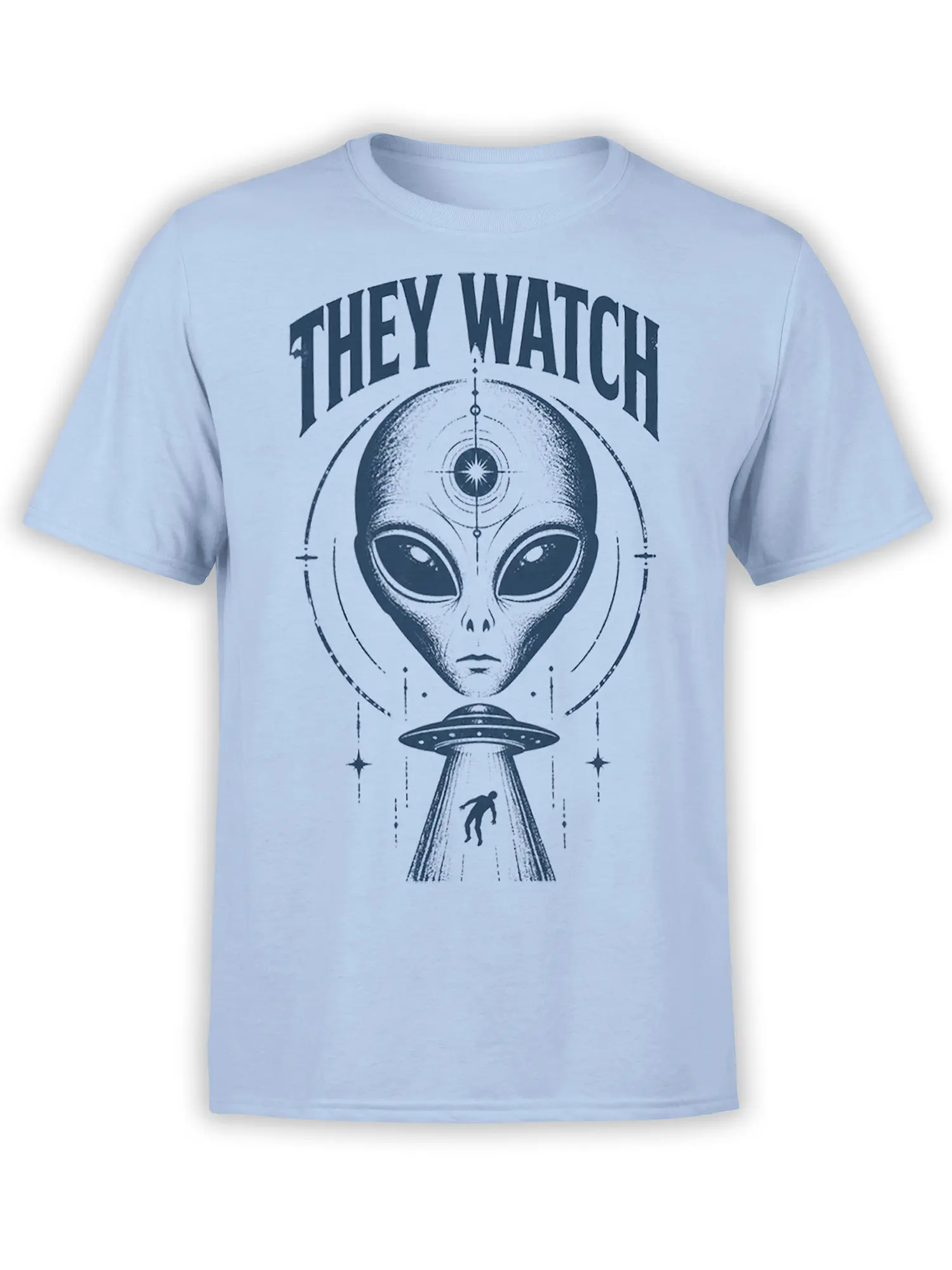 Light blue alien abduction T-shirt with a watchful extraterrestrial, flying saucer beam, stars, and “THEY WATCH” text