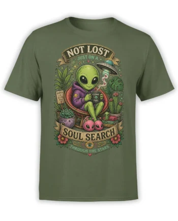 Green alien T-shirt with cosmic coffee, stars, plants, UFO, and a vintage soul search illustration