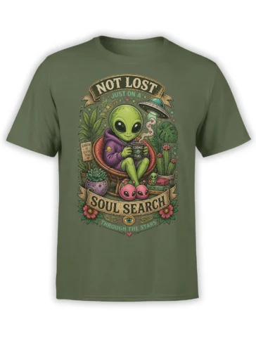 Green alien T-shirt with cosmic coffee, stars, plants, UFO, and a vintage soul search illustration