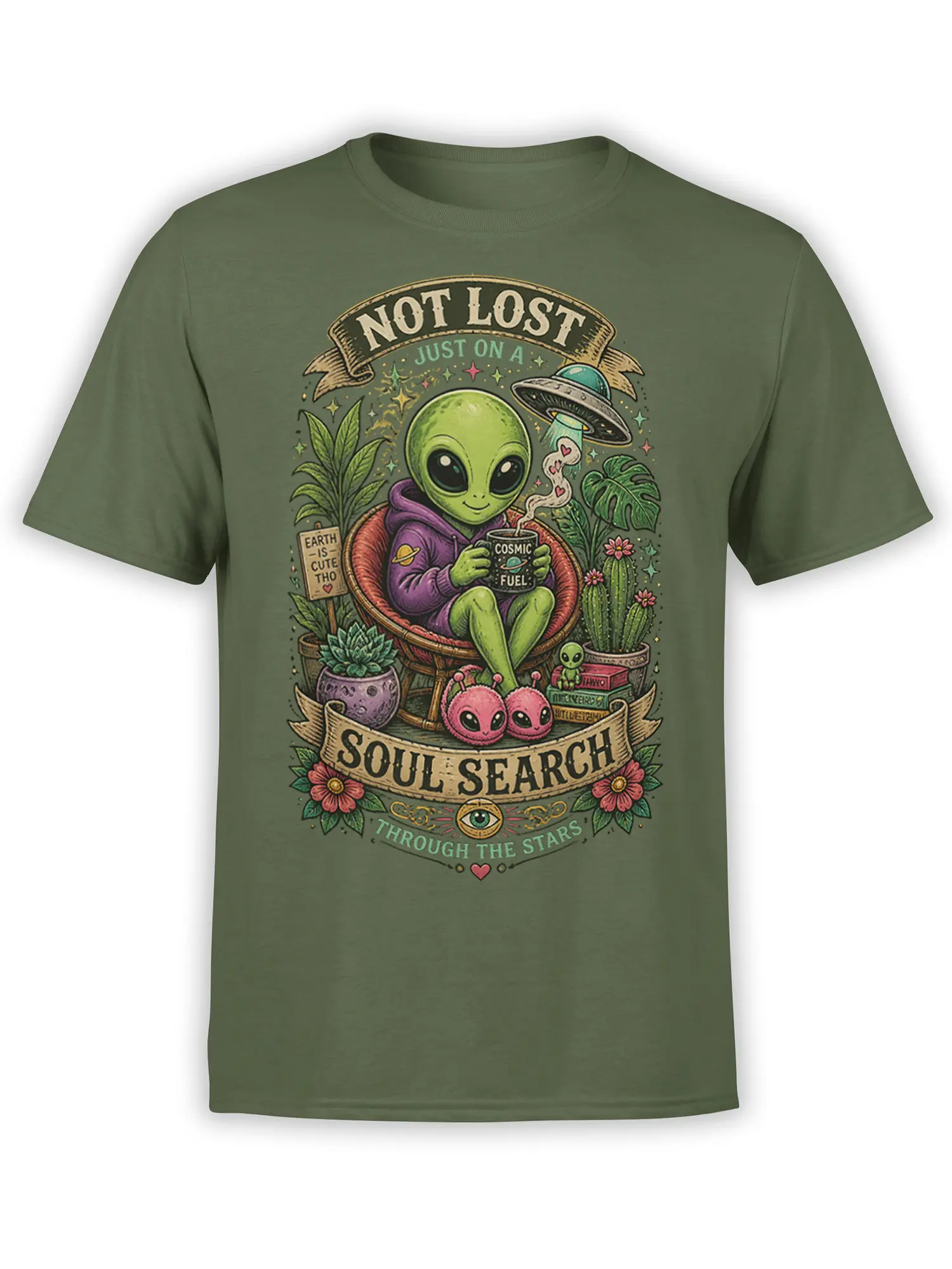 Green alien T-shirt with cosmic coffee, stars, plants, UFO, and a vintage soul search illustration