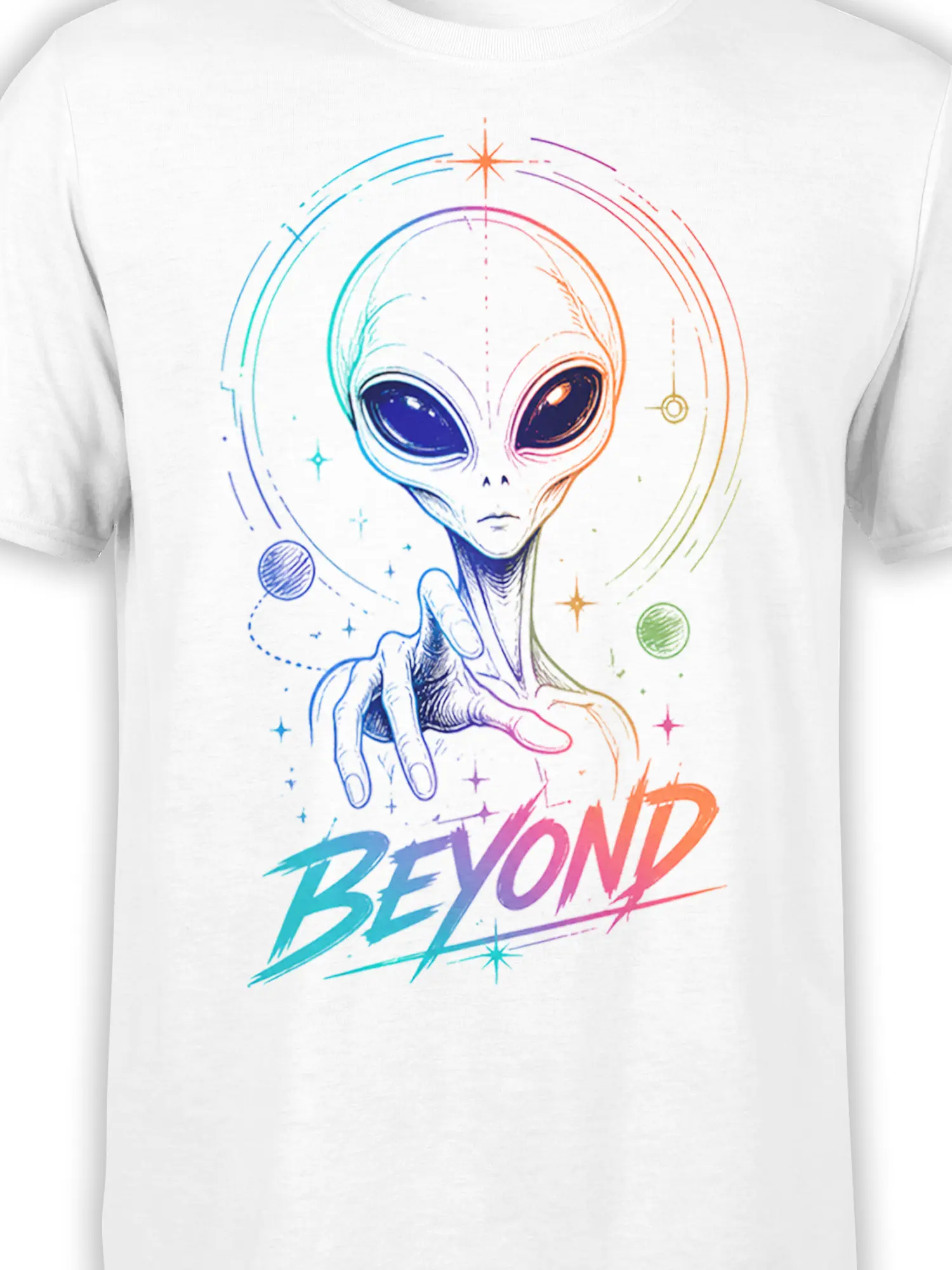 Close-up of the colorful alien artwork and BEYOND lettering printed on a white T-shirt