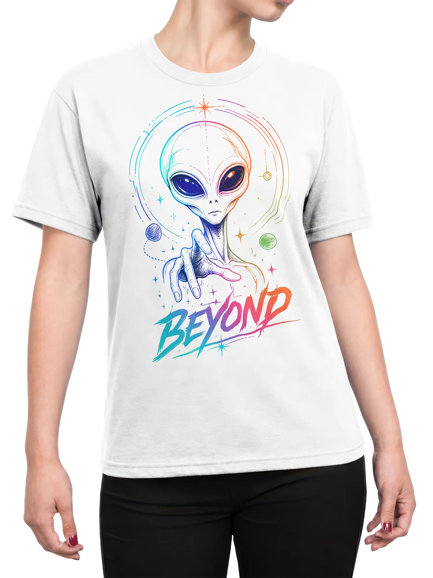 Female torso wearing a white T-shirt with a colorful reaching alien, cosmic symbols, and BEYOND lettering