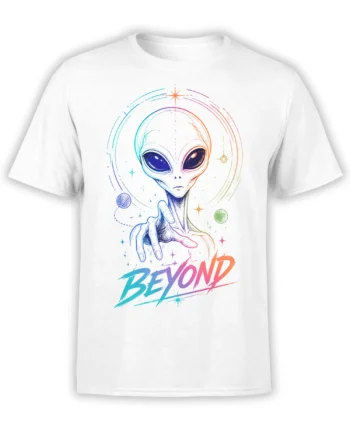 Colorful alien reaching forward on a white T-shirt with planets, stars, orbit lines, and BEYOND lettering