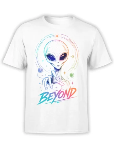 Colorful alien reaching forward on a white T-shirt with planets, stars, orbit lines, and BEYOND lettering