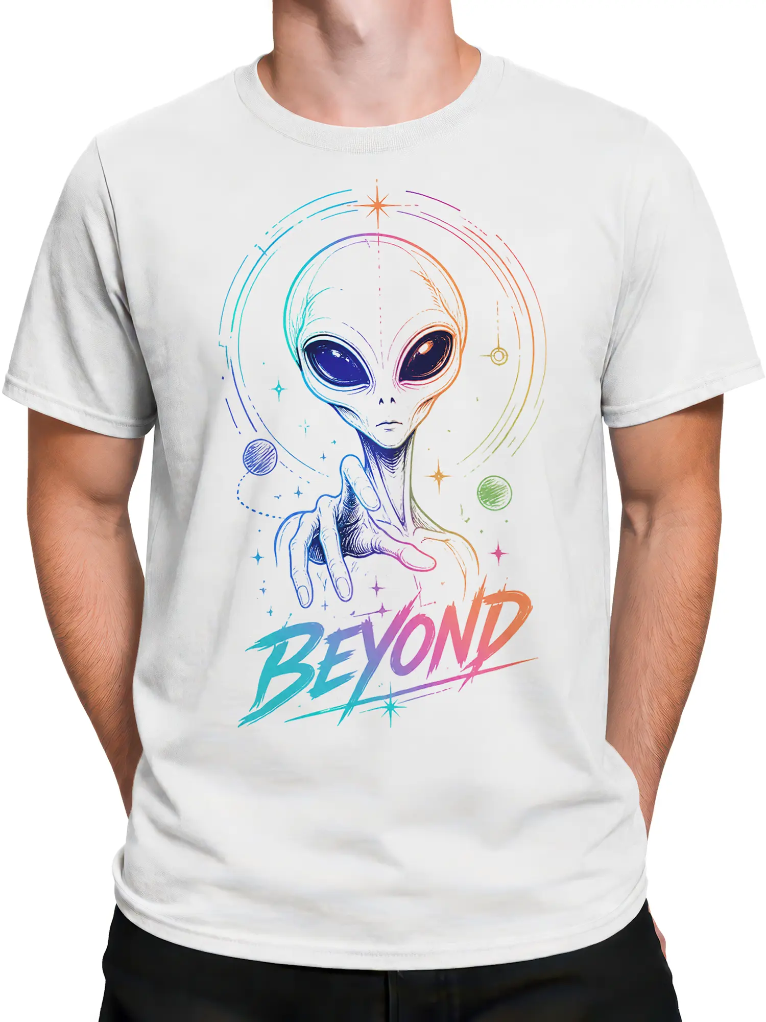 Male torso wearing a white alien T-shirt with colorful planets, stars, orbit lines, and BEYOND lettering