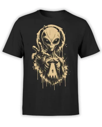 Vintage alien reaching toward a UFO beam above a city skyline on a black T-shirt