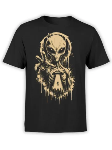 Vintage alien reaching toward a UFO beam above a city skyline on a black T-shirt