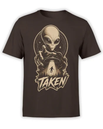 Brown alien abduction T-shirt with a large-eyed extraterrestrial, glowing saucer, forest scene, and “Taken” text