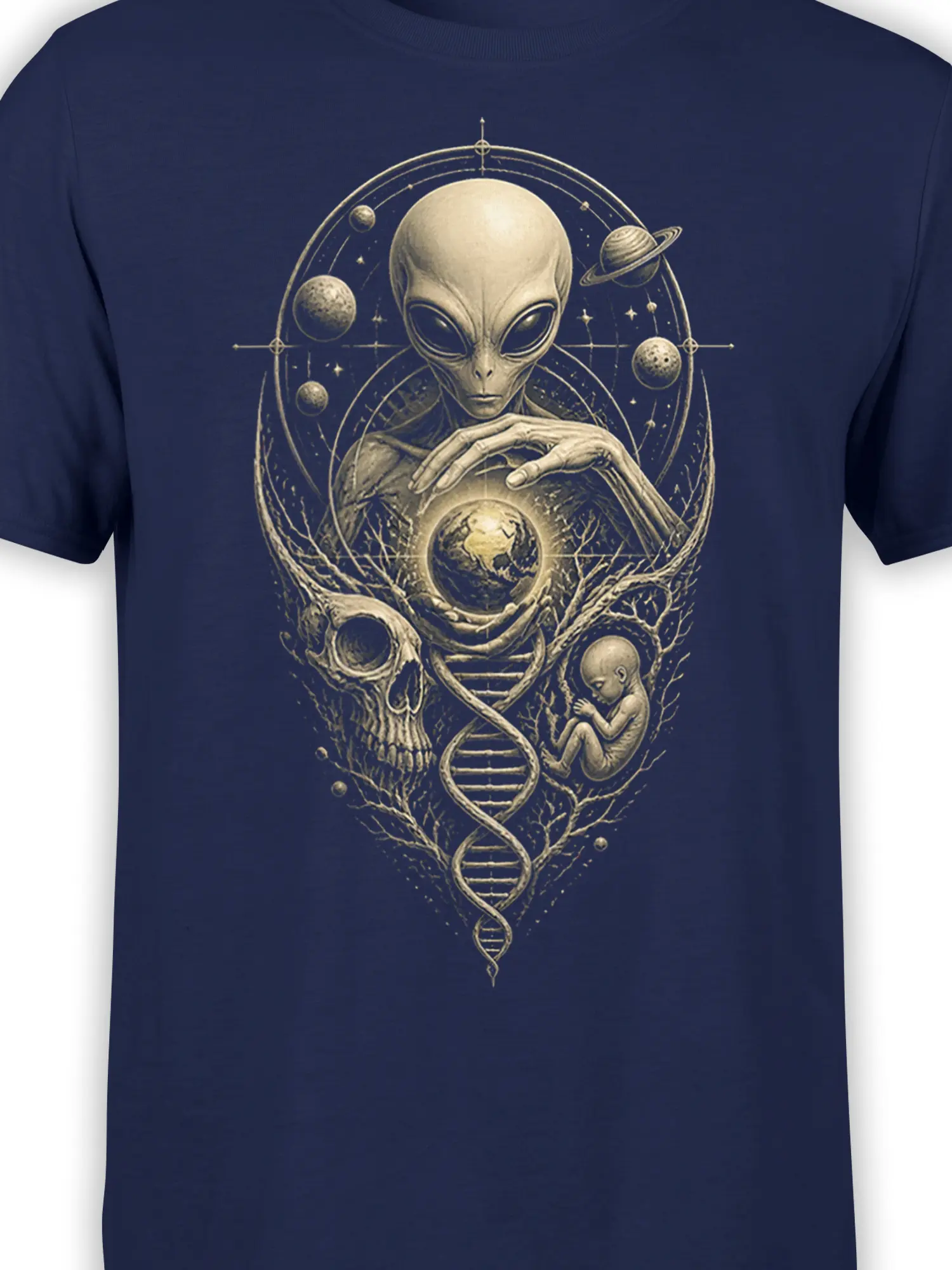 Close-up of vintage alien artwork with Earth, planets, skull, fetus, and DNA on navy fabric