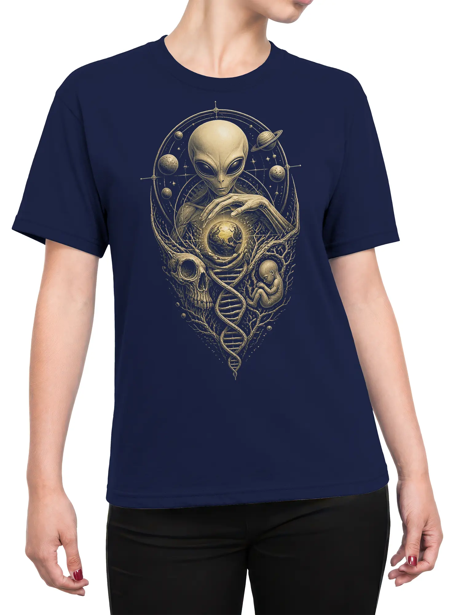 Female torso wearing a navy T-shirt with vintage alien, Earth, planet, skull, fetus, and DNA artwork