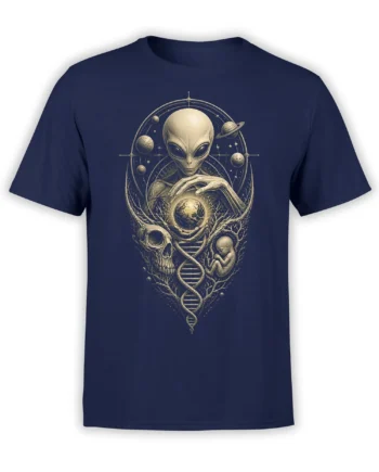 Vintage alien graphic with Earth, planets, skull, fetus, and DNA strand on a navy T-shirt
