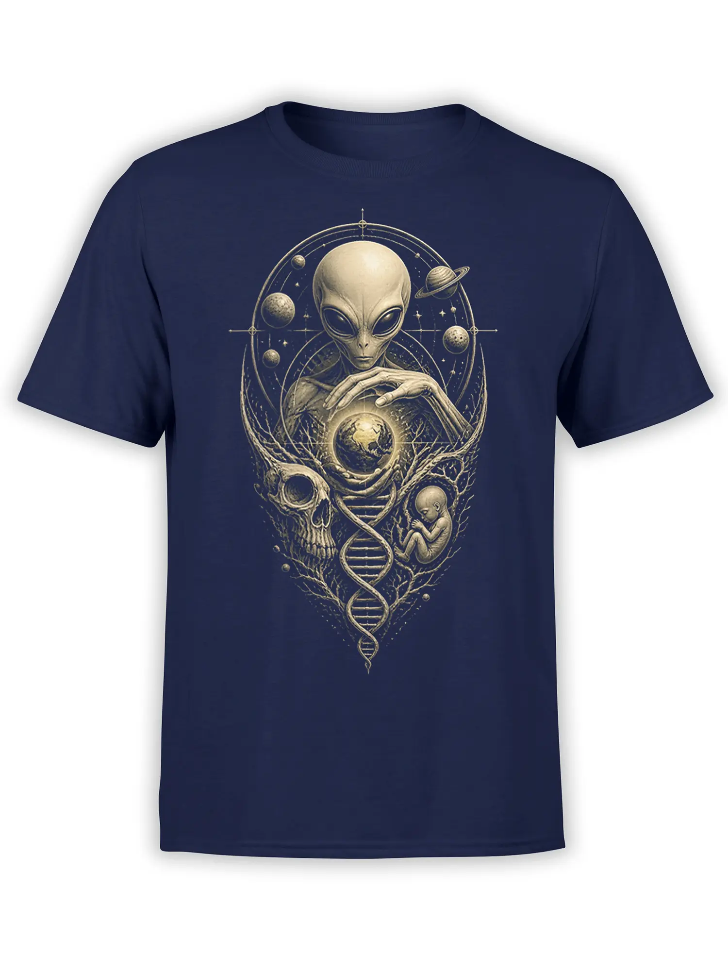 Vintage alien graphic with Earth, planets, skull, fetus, and DNA strand on a navy T-shirt