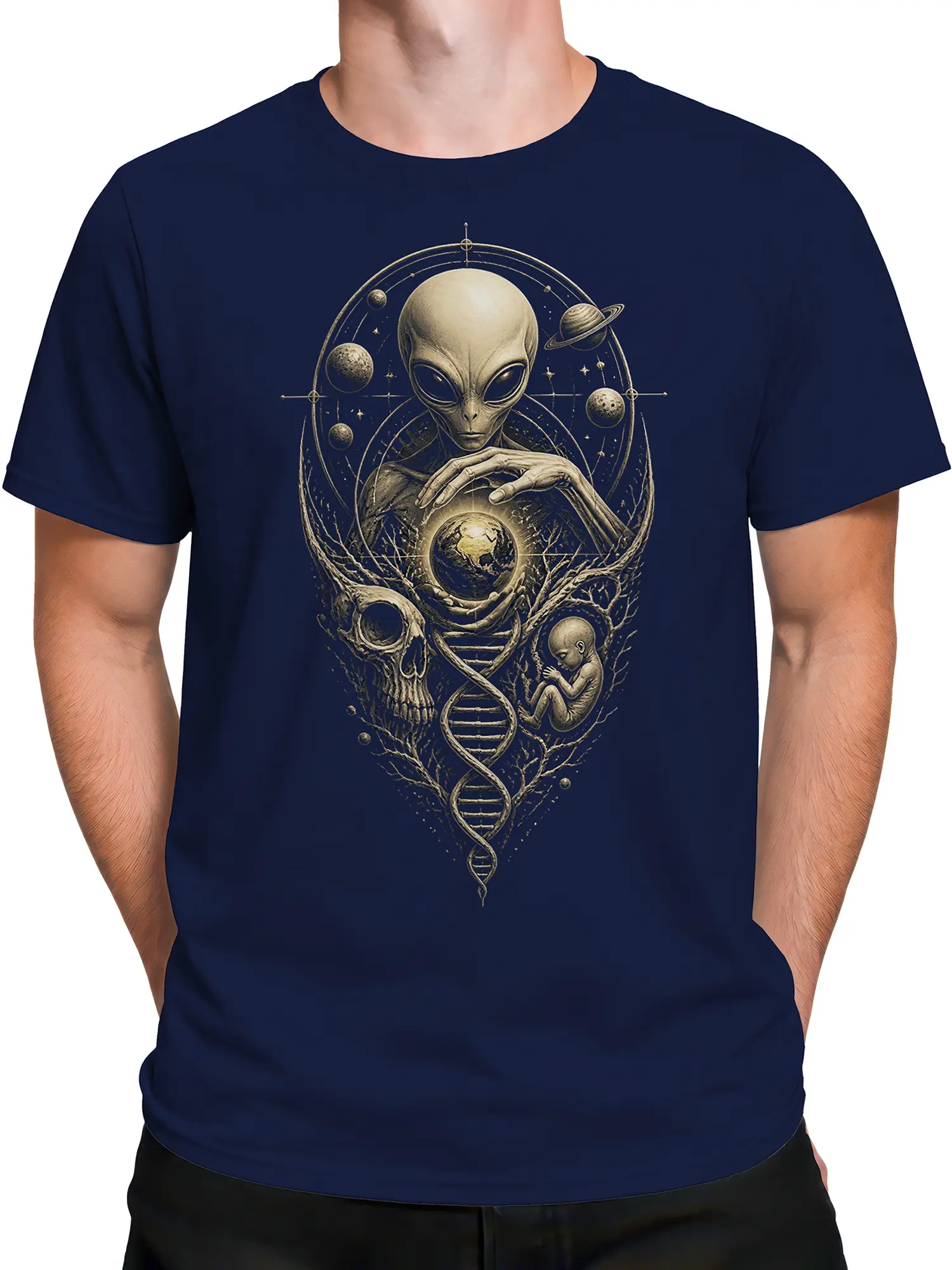 Male torso wearing a navy T-shirt with vintage alien, Earth, planet, skull, fetus, and DNA artwork