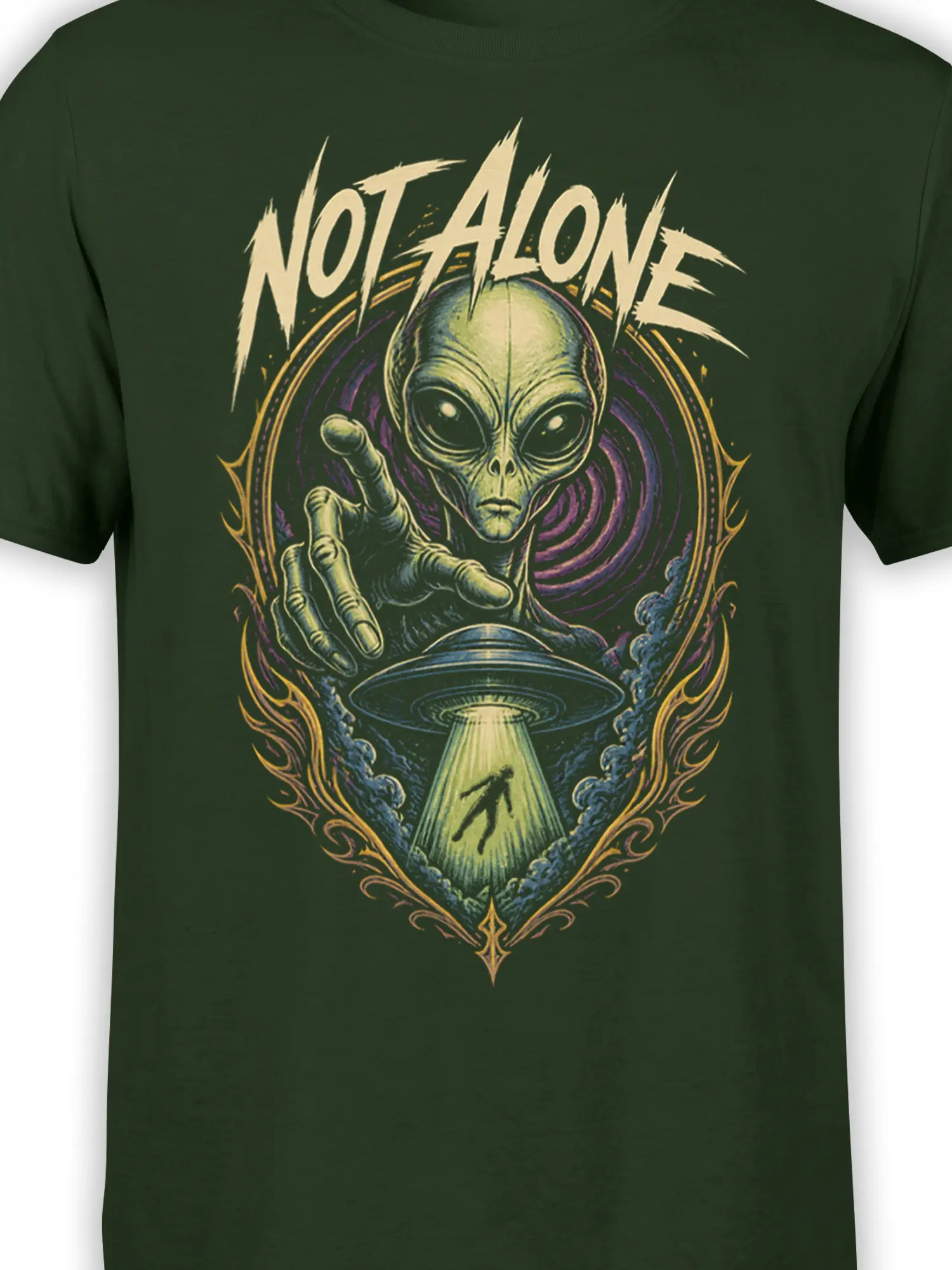 Close-up of vintage alien artwork and “Not Alone” lettering printed on a dark green T-shirt