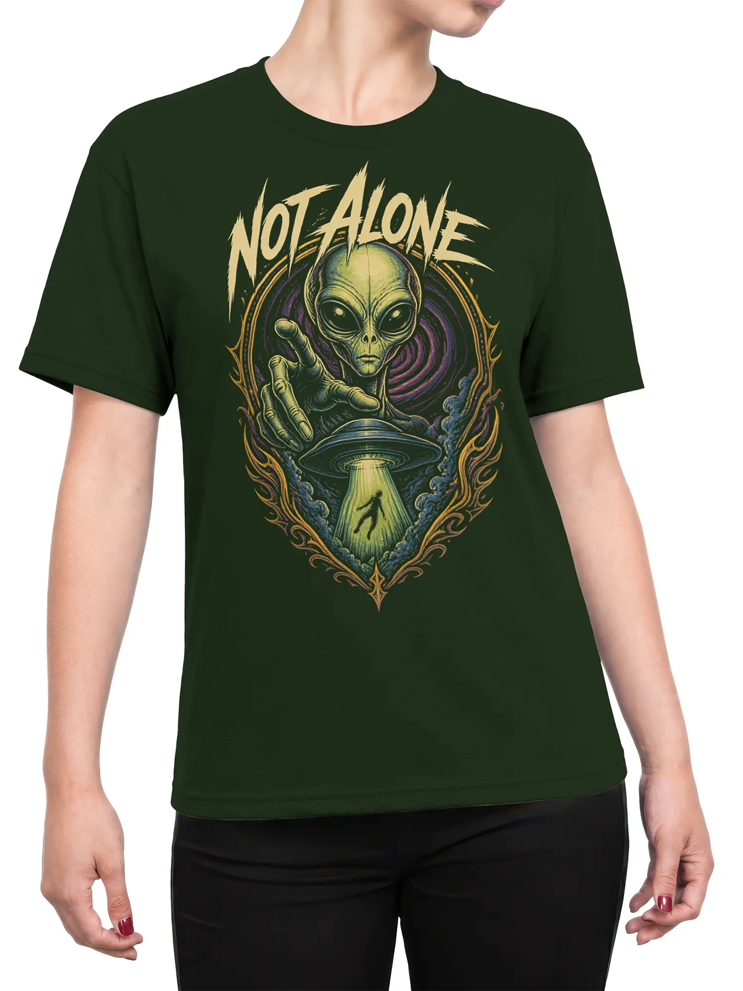 Female torso wearing a dark green alien T-shirt with a vintage extraterrestrial and flying saucer design