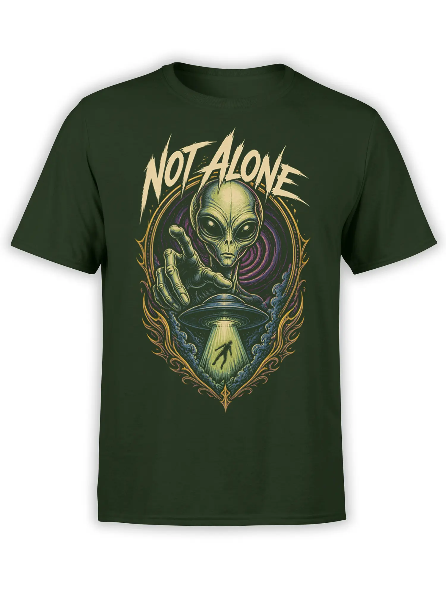 Dark green alien abduction T-shirt with reaching extraterrestrial, flying saucer, beam of light, and “Not Alone” text