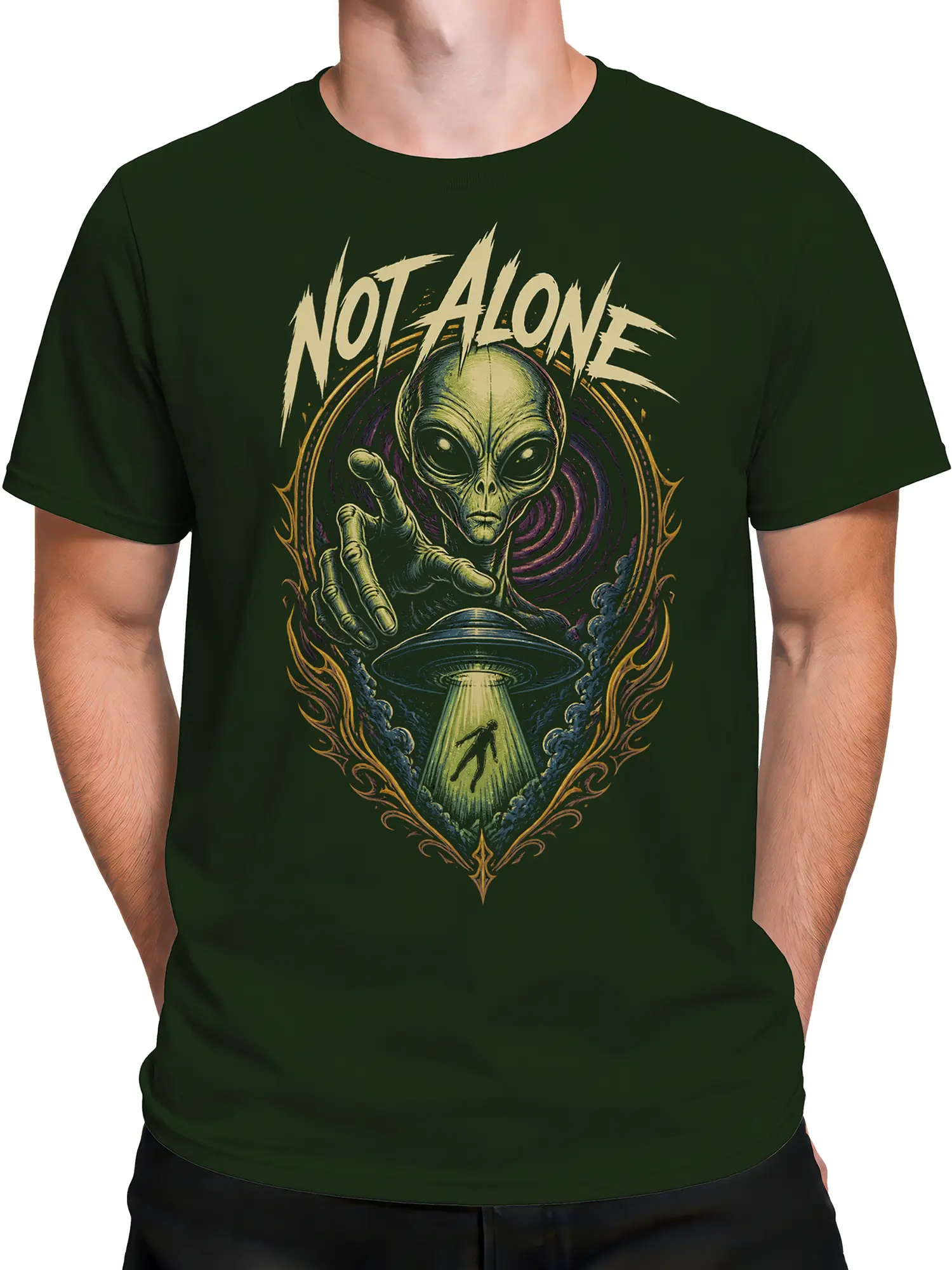 Male torso wearing a dark green alien T-shirt with retro UFO abduction artwork