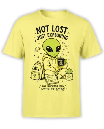 Yellow alien explorer T-shirt with cosmic coffee, backpack, planets, stars, and “Not Lost, Just Exploring” text
