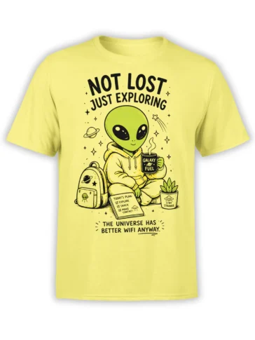 Yellow alien explorer T-shirt with cosmic coffee, backpack, planets, stars, and “Not Lost, Just Exploring” text