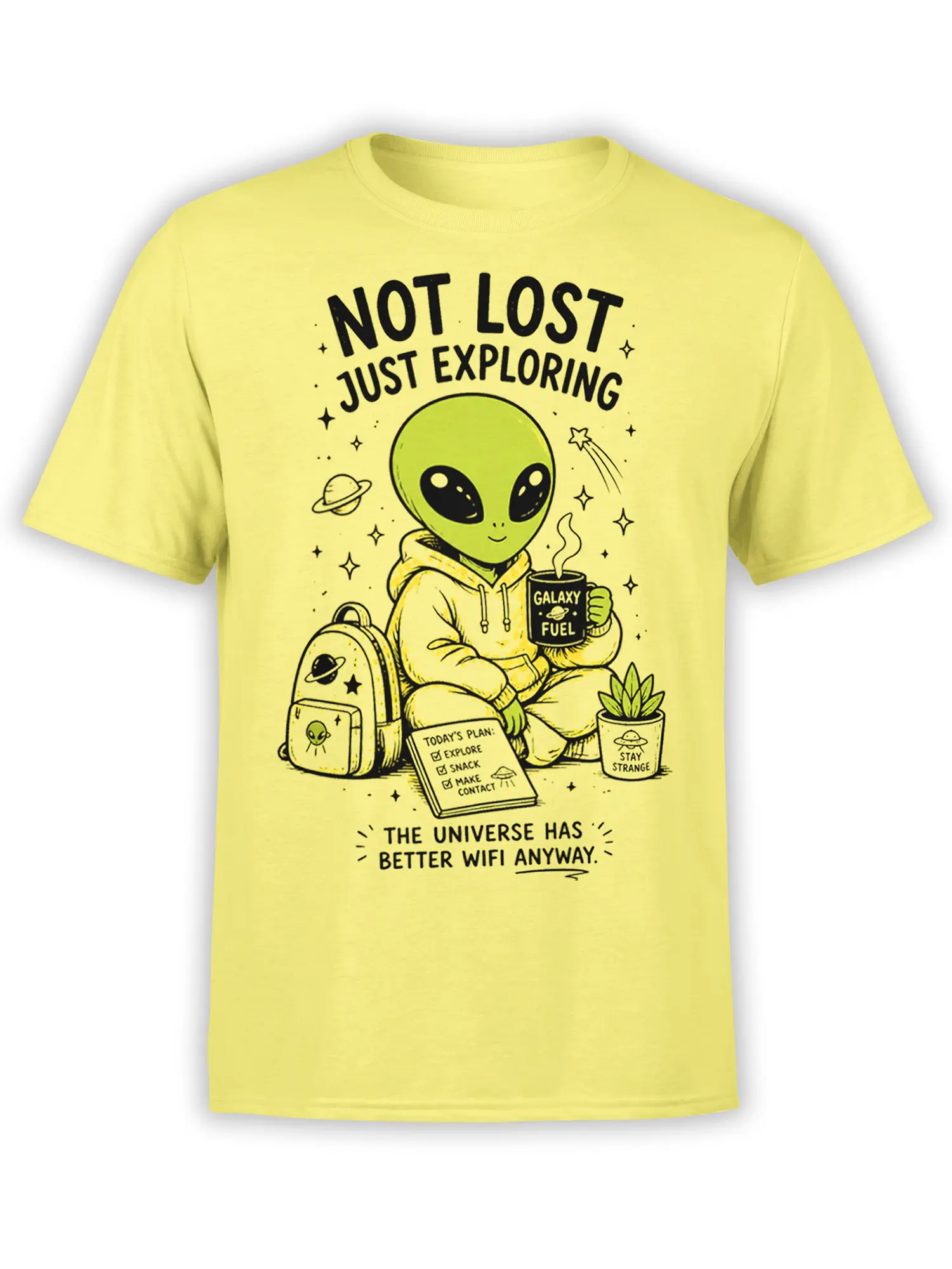 Yellow alien explorer T-shirt with cosmic coffee, backpack, planets, stars, and “Not Lost, Just Exploring” text