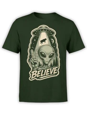 Dark green alien T-shirt with flying saucer, floating cow, peace sign, and BELIEVE artwork