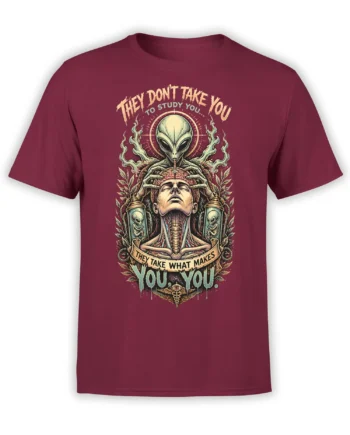 Front view of a burgundy T-shirt with vintage alien abduction artwork and exposed brain imagery
