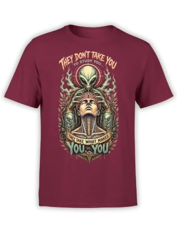 Front view of a burgundy T-shirt with vintage alien abduction artwork and exposed brain imagery