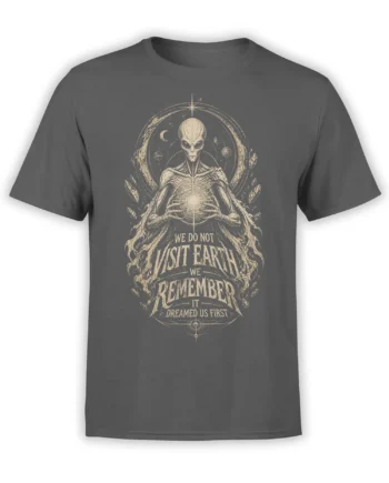 Gray T-shirt with a meditating extraterrestrial, planets, moon phases, and vintage cosmic lettering