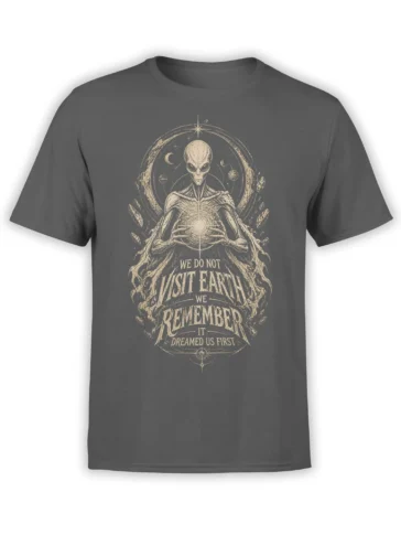 Gray T-shirt with a meditating extraterrestrial, planets, moon phases, and vintage cosmic lettering