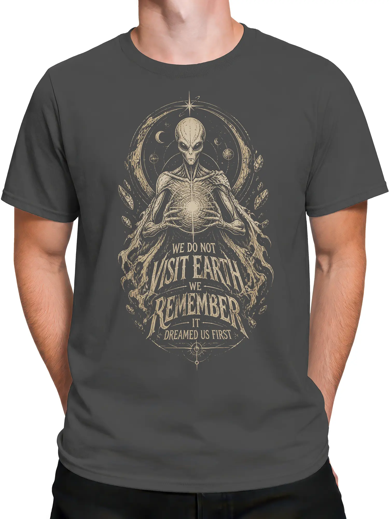 Male torso wearing a gray T-shirt with a meditating extraterrestrial and vintage space artwork