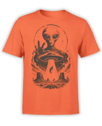Orange alien t-shirt with a vintage flying saucer abducting a person above a desert highway