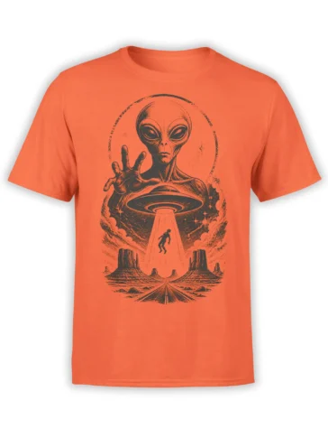 Orange alien t-shirt with a vintage flying saucer abducting a person above a desert highway