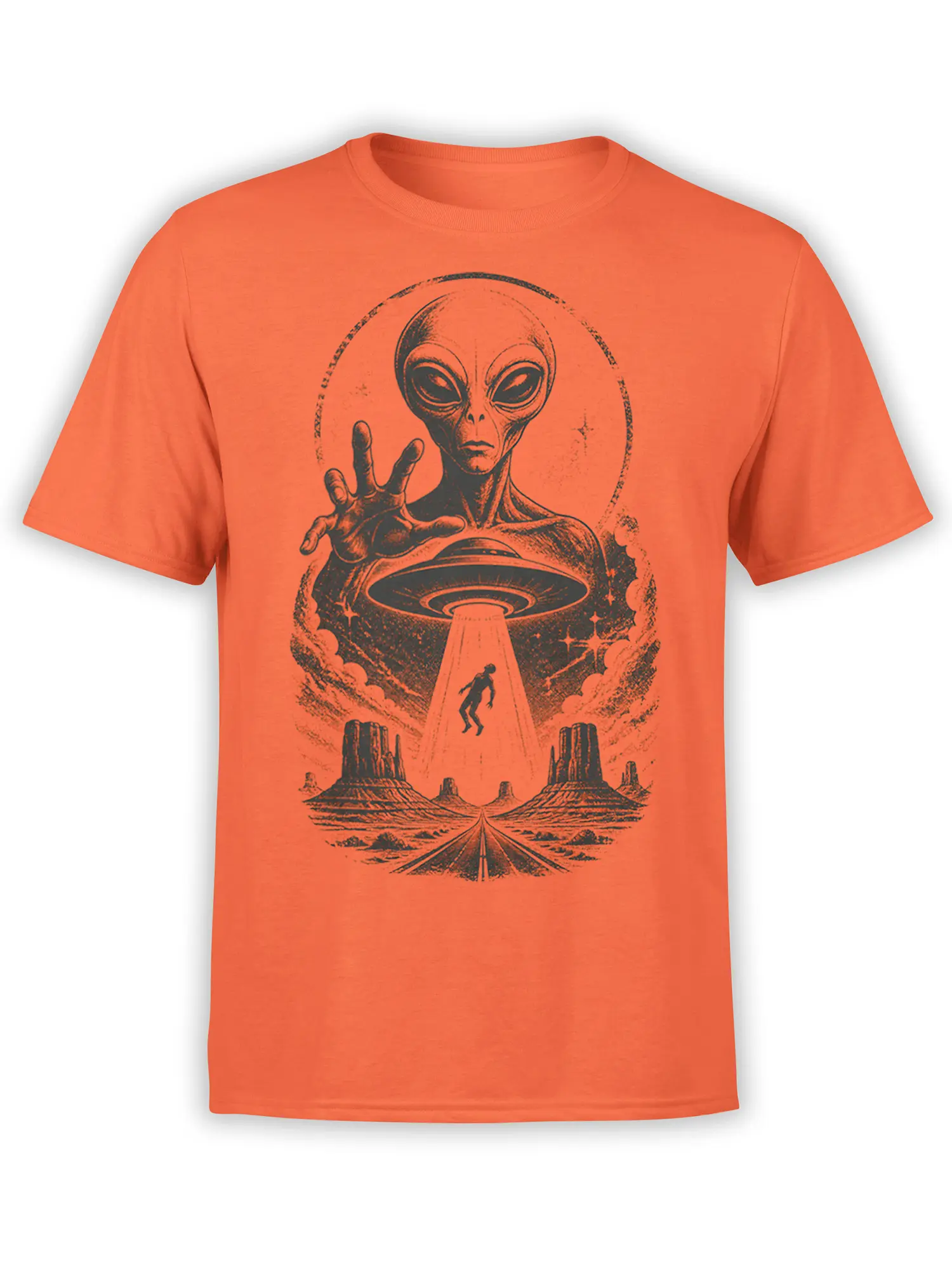 Orange alien t-shirt with a vintage flying saucer abducting a person above a desert highway