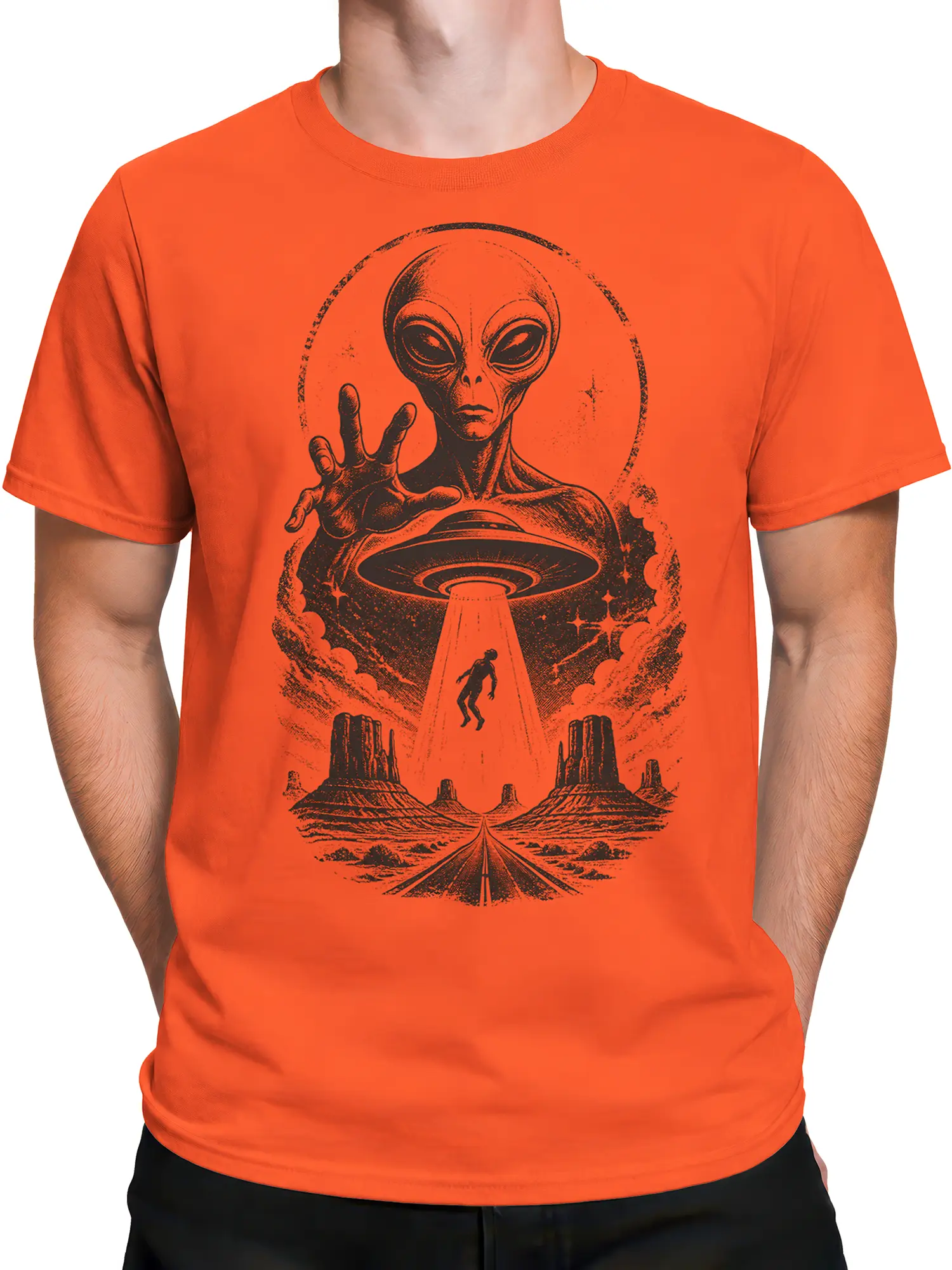 Male torso wearing an orange vintage alien T-shirt with a UFO abduction scene
