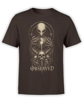 Dark brown alien t-shirt with a watchful extraterrestrial, planet, skulls, and OBSERVED artwork