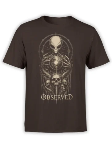 Dark brown alien t-shirt with a watchful extraterrestrial, planet, skulls, and OBSERVED artwork
