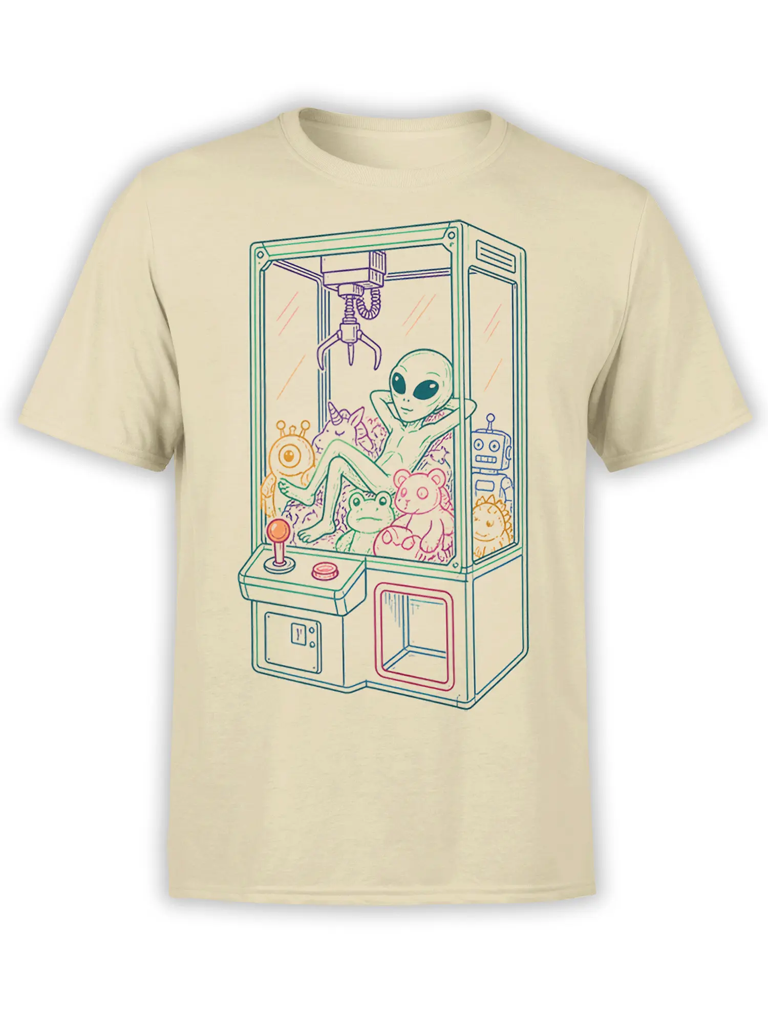 Beige alien claw machine T-shirt showing a relaxed green alien surrounded by a unicorn, frog, robot, and plush toys