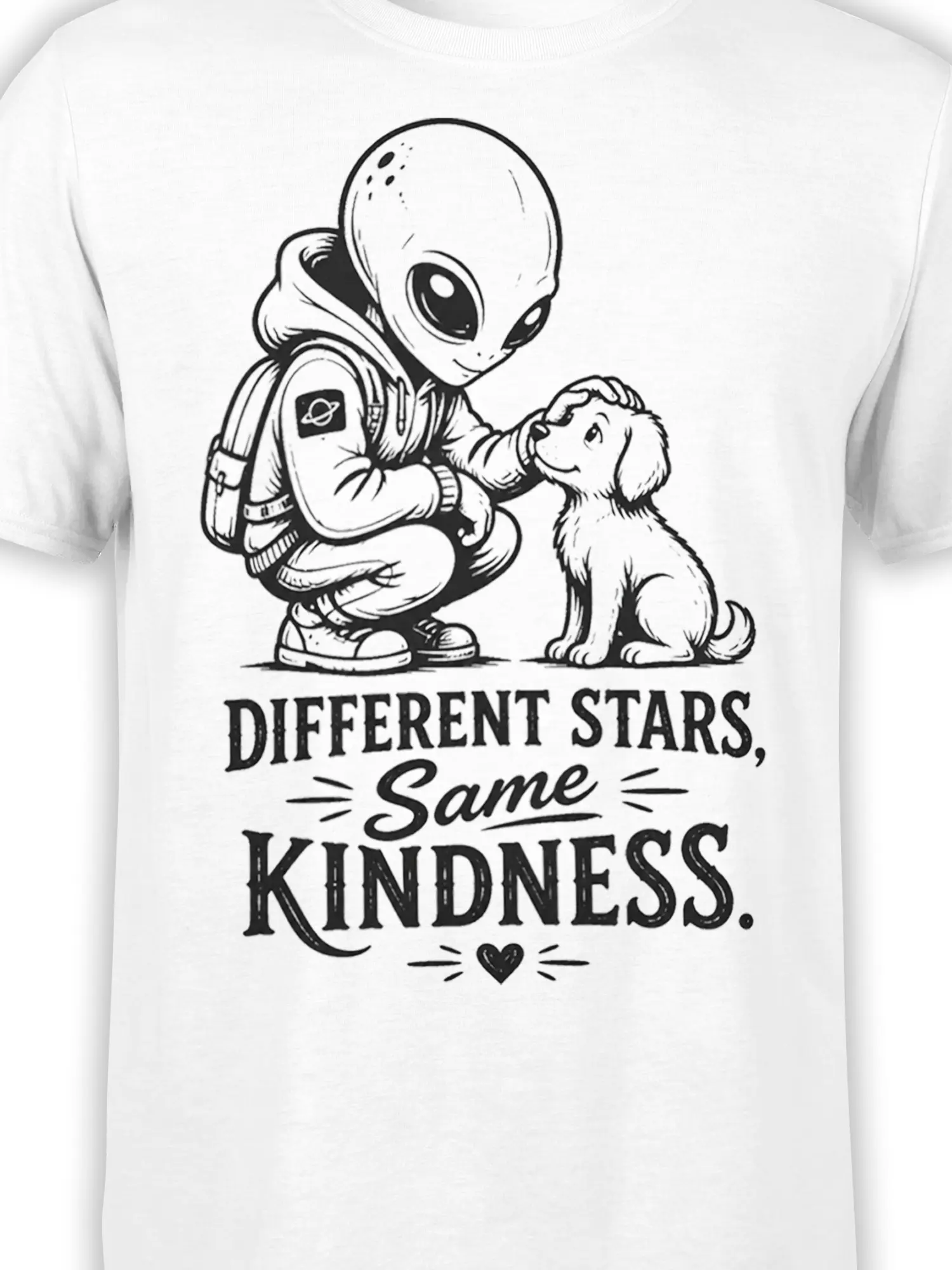 Close-up of alien astronaut petting a puppy on a white kindness graphic T-shirt