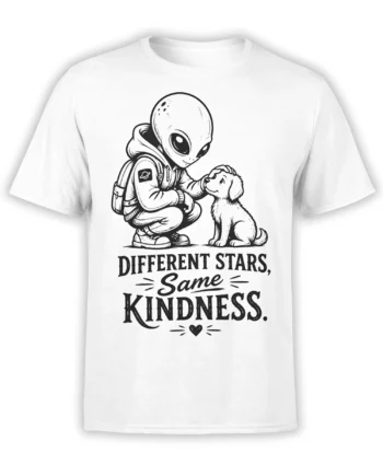 White alien and puppy T-shirt with “Different Stars, Same Kindness” message and heart design
