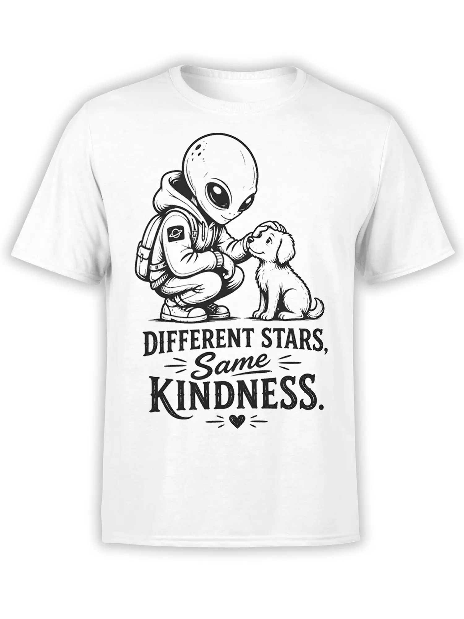 White alien and puppy T-shirt with “Different Stars, Same Kindness” message and heart design