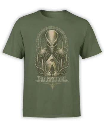 Olive green alien T-shirt with tentacles, a pyramid eye, hooded figure, and cosmic mystery artwork