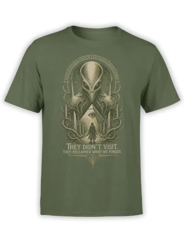 Olive green alien T-shirt with tentacles, a pyramid eye, hooded figure, and cosmic mystery artwork