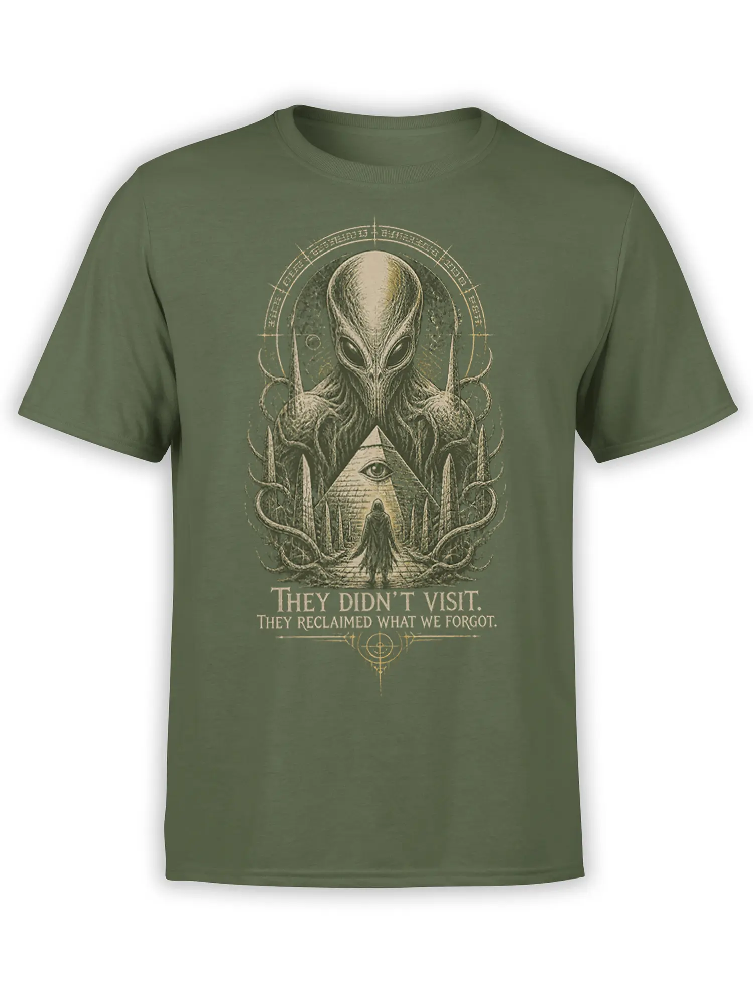Olive green alien T-shirt with tentacles, a pyramid eye, hooded figure, and cosmic mystery artwork